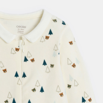 بدلة نوم مخملية بسحّاب، بيضاء ومُزيَّنة برسمة دب، للفتيان الرُضع